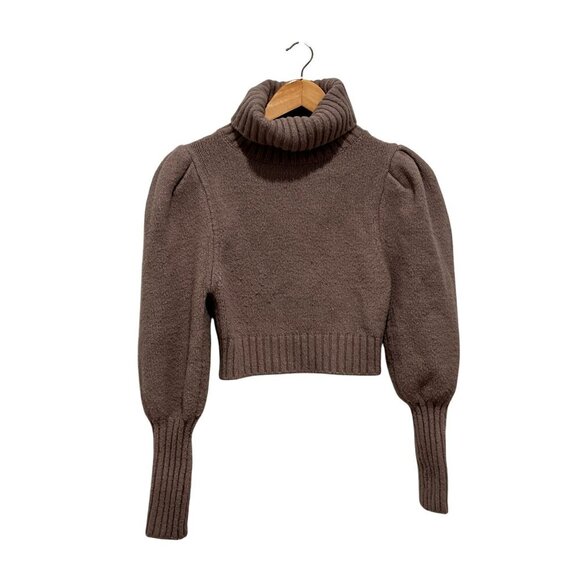 Zara Brown Cropped Turtleneck Puff Sleeves & Ribbed Cuffs Women's Sweater Size M - Picture 2 of 9